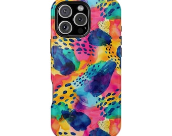May include: A colorful phone case with a vibrant abstract design. The case features a mix of bright colors, including yellow, pink, blue, and orange, with a pattern of brushstrokes and dotted accents. The case is designed to fit a smartphone.