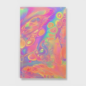 May include: A rectangular notebook featuring a vibrant abstract fluid art design on the cover. The surface displays a swirling pattern of bright neon pink, orange, yellow, and purple hues with distinct circular cell-like shapes throughout.