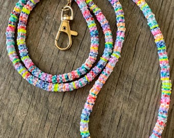 Neon Rainbow Soft Polymer Clay Beaded ID Badge Lanyard / Crossbody Phone Strap / Keychain