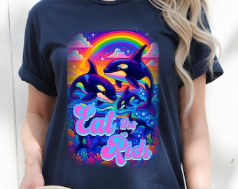 Whimsical Eat the Rich Orcas T-Shirt: 90s Retro Ocean Life
