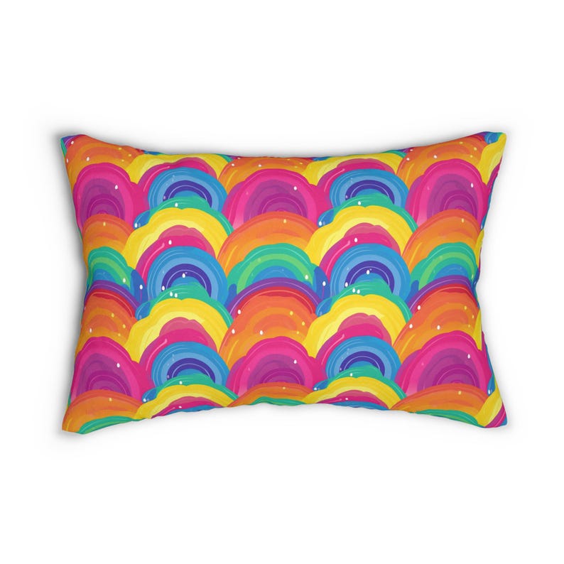 Rainbow Wave Pattern Lumbar Pillow | Colorful Retro Arches image 2