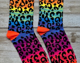 Colorful Rainbow Animal Print Unisex Mid-Calf Adult Socks Neon Leopard Stripes Bright Color Gradient