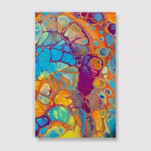 May include: A rectangular canvas featuring an abstract acrylic pour painting with a vibrant color palette of bright orange, deep purple, sunny yellow, and turquoise blue. The composition displays organic, cell-like patterns and fluid swirls.