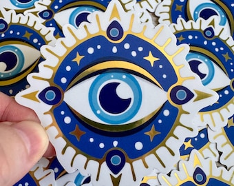 Gold & Blue Evil Eye Sticker: Weatherproof Vinyl Art