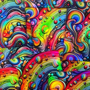 May include: A collection of colorful stickers with a rainbow swirl pattern and iridescent bubbles. The stickers are made of vinyl and are waterproof and durable.
