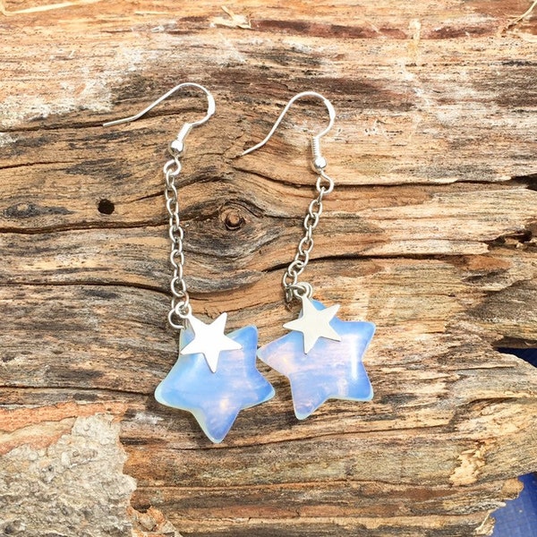 Opalite Star Earrings // Opal Sterling Silver Dangle Earrings // Opal Sea Glass Jewelry // Star Opalite Choker Earring Set