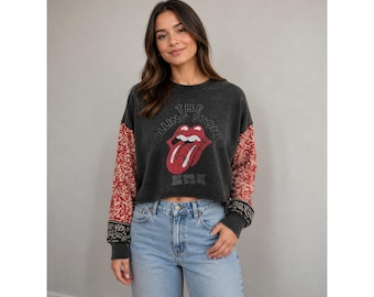 The Rolling Stones Cropped Sweatshirt Kantha Sleeve Gray Mineral Wash Small