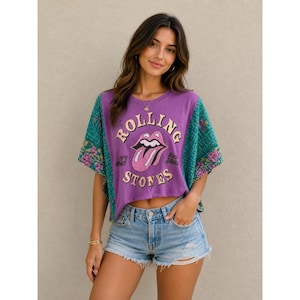 Rolling Stones Upcycled Kantha Quilt Sleeve Graphic Tee Purple Boho Kimono Top