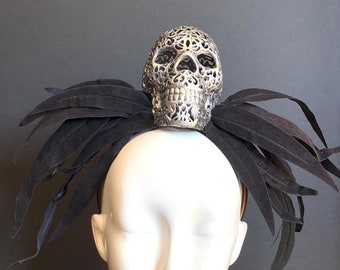 Skull Headpiece with Black Velvet Leaves