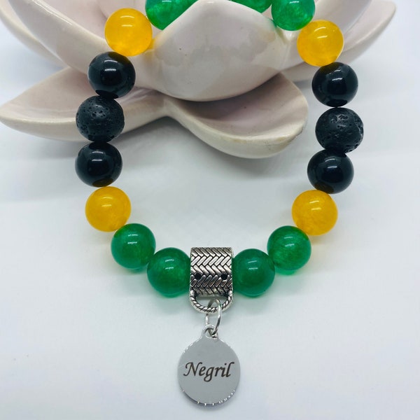 Jamaican Flag Inspired Jade Bracelet with Black Obsidian and Lavastones - Negril Charm - 10mm