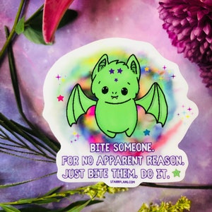 Green Batty - "Bite Someone" Snarky || Pastel Goth Bat Cute Kawaii || Vinyl Sticker || Snarky Vinyl Decal for Water Bottles