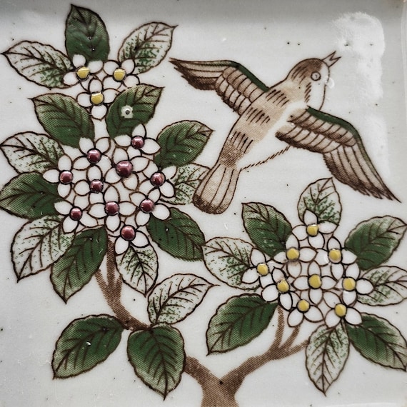 Vintage Otagiri Stoneware Floral Bird Trinket Dis… - image 2