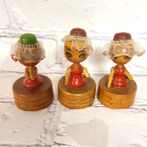 Vintage Vailed Lady Characters Wooden Pencil Sharpeners 3/set | Vintage Schoolhouse Pupils | Office Decor | Writing