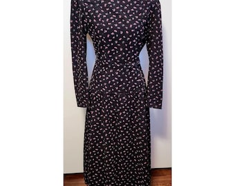 Soft Corduroy Vintage Dress Black Pink Floral Lanz of Salzburg Womens S12 | Vintage Black Dress | Farm Dress | Amish Dress | Vintage Fashion
