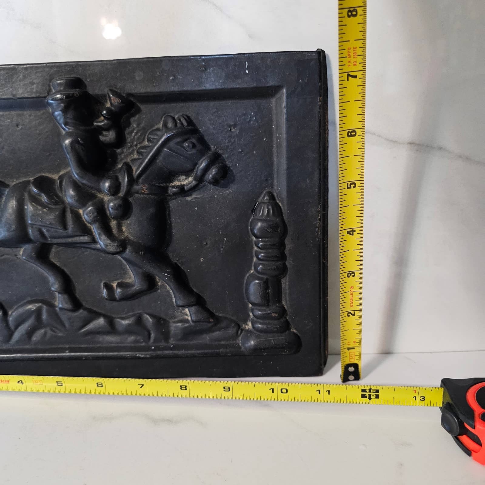 Antique Cast Iron Stove Plate or Mailbox Front Panel Man on Horse Door