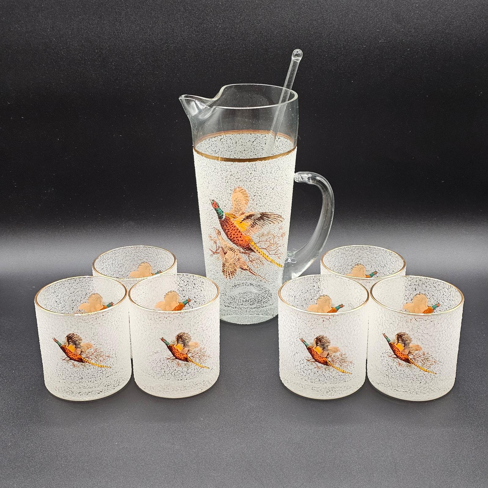 Pichet Et 3 Verres à Cocktail Maritini – Verre Givré Vert Et Or 22 Carats, Vintage