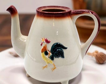 Vintage Ceramic Rooster Teapot Tripod Legs Hand Painted Farmhouse Kitchen Decor | Country Rustic Style | Collectible Rooster Kitchenware