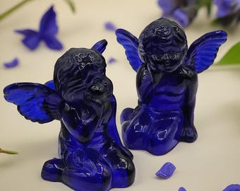 Vintage Cobalt Blue Glass Angel Candlestick Holders Angel on Knees Figurines