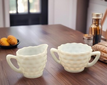 Vintage Iridescent Milk Glass Cream and Sugar Set - Basket Weave Pattern Decor