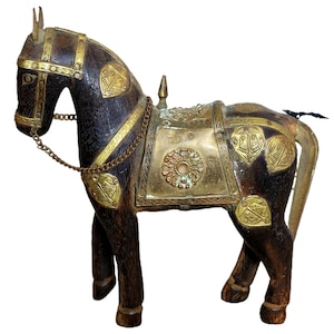 Vintage Hand Carved Wood & Brass Armored Metal Marwari War Horse Figurine Statue | Equestrian Art | Antique Style | Collector’s Item