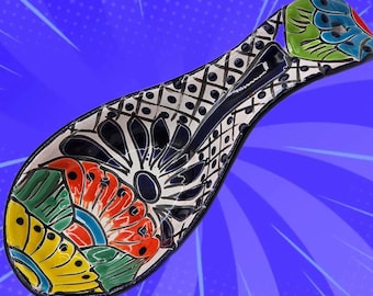 Vintage Mexico Hand Crafted Spoon Rest - Ceramic Hand Painted Geometric Design | Handmade Pottery | Mexican Pottery | Unique Spoon Rest
