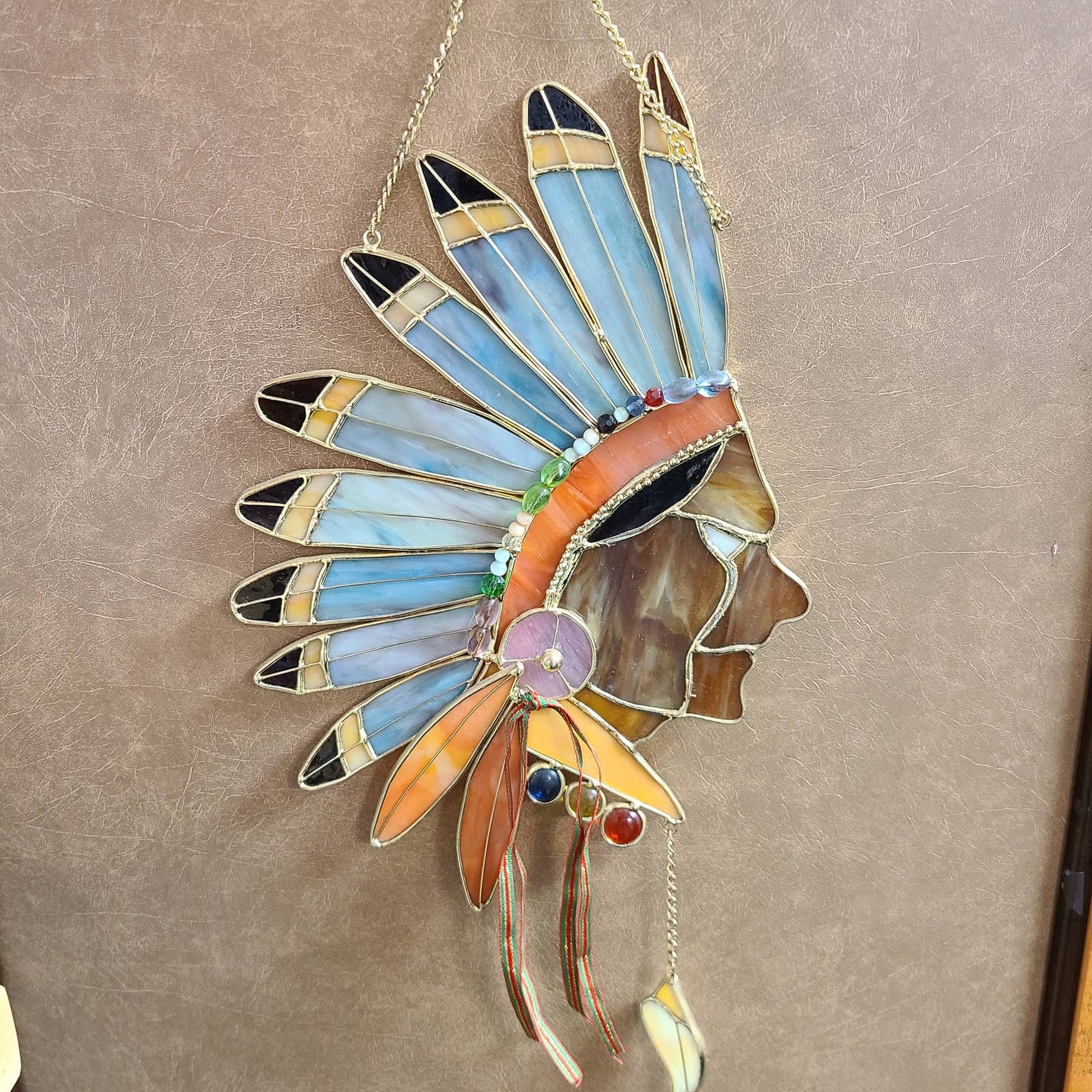 Native American Indian Chief Stained Glass Suncatcher Wall Etsy