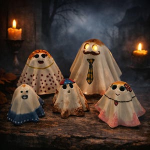 May include: A set of five ceramic ghost figurines with painted details. One large ghost features a moustache and tie, while four smaller ghosts display various patterns, including red dots, a blue hem, a colourful cap, and a pink base with a heart necklace.