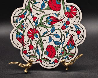 Turkish Iznik Ceramic Trivet | Red Tulip & Blue Green Floral Design | Vintage Ottoman Tile Art