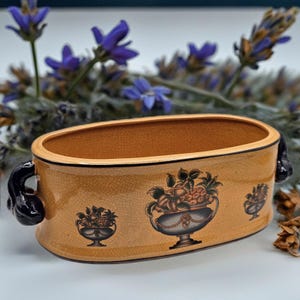 Vintage Ceramic Jardiniere Fruit Basket Motif Crackle Glaze Cache Pot Planter