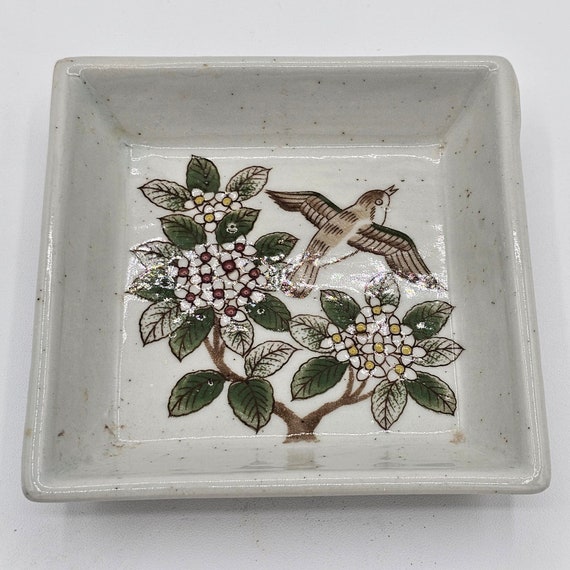 Vintage Otagiri Stoneware Floral Bird Trinket Dis… - image 3