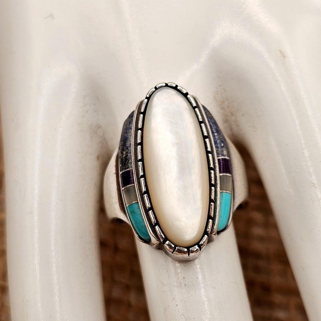 Vintage Sterling Silver Inlay Ring | Turquoise & Mother of Pearl Navajo ...