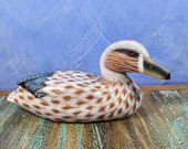 Vintage Hand Carved Wooden Brown White Speckled Duck Decoy Hand Painted 9 quot