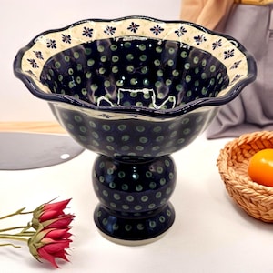 Hand Painted Polish Pottery Pedestal Fruit Bowl | Artist Signed Blue Stoneware with Grapes | Boleslawiec Style