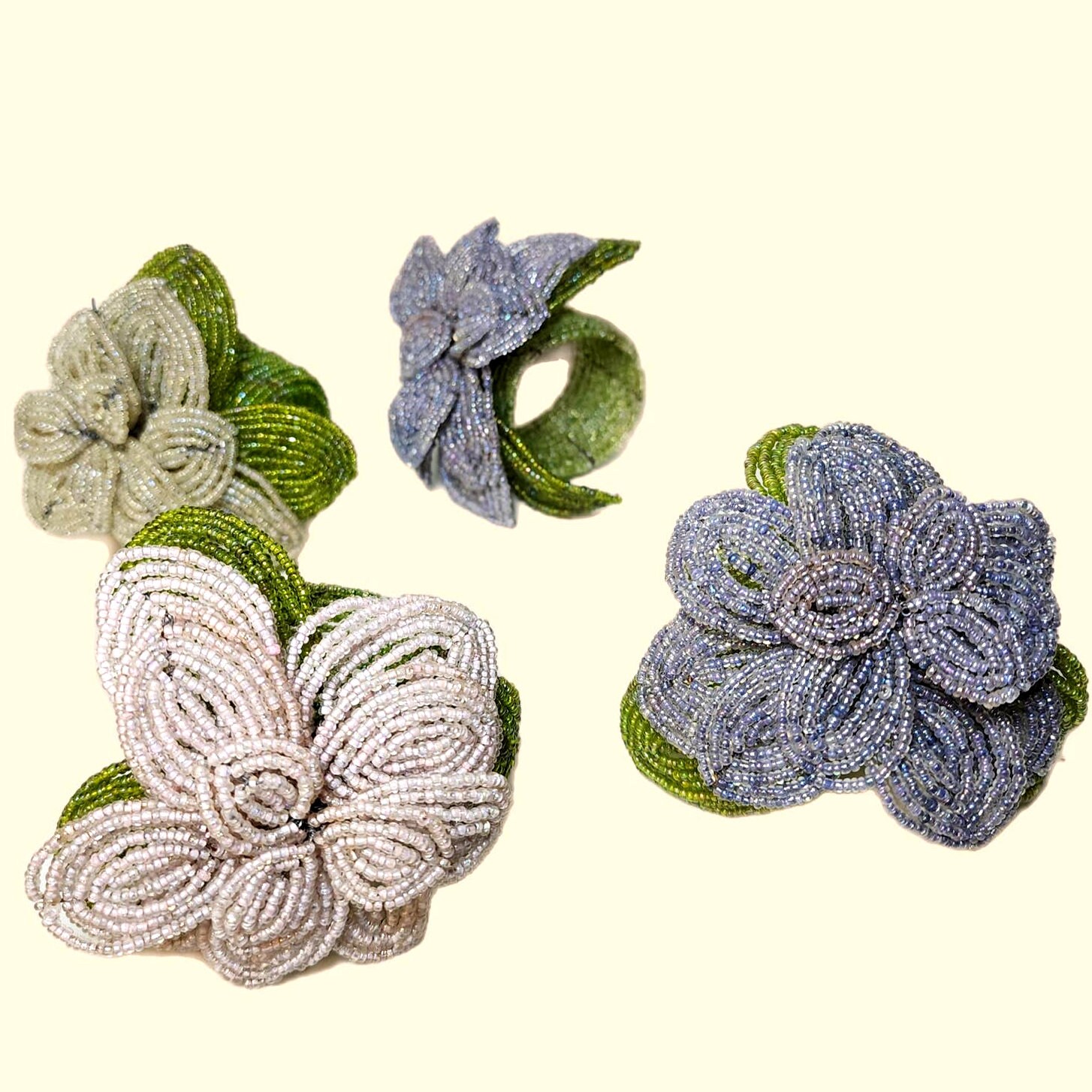 Vintage Handmade Set of 4 French Seed Bead Flower Napkin Rings with Leaves