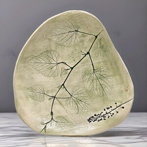 Ozarkware Stoneware Leaf Imprint Serving Dish Handmade Green Artisan Pottery Rustic Nature Decor Organic Kitchen Stoneware Bowl
