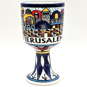 Vintage Jerusalem Hand Painted Ceramic Goblet Holy Land City Scene Kiddush Cup Made In Israel Judaica Shabbat Passover