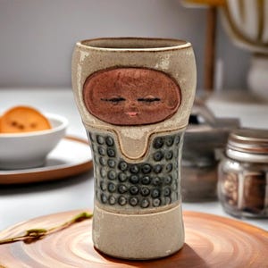 May include: A cylindrical ceramic mug with a speckled beige finish. The upper section features a raised, terracotta-colored face with closed eyes and a small mouth. The lower body displays a textured pattern of dark gray, circular indentations.