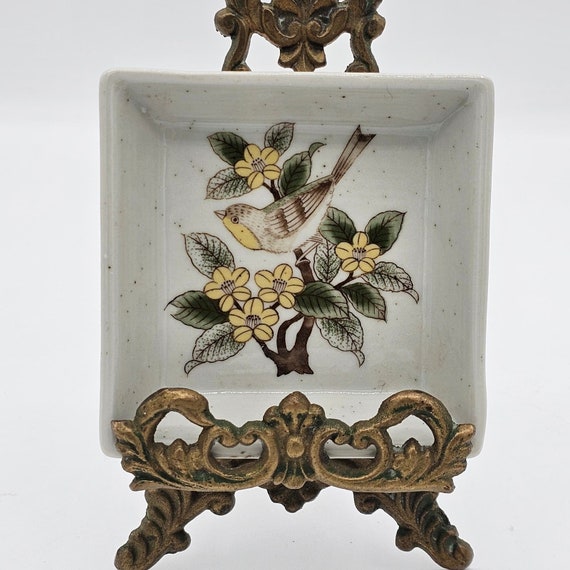 Vintage Otagiri Stoneware Floral Bird Trinket Dis… - image 1