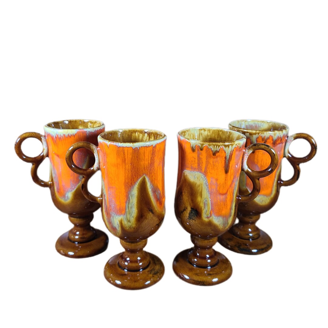 VTG Midcentury Brown/orange Drip Glaze Pottery Coffee/tea Mugs Artist