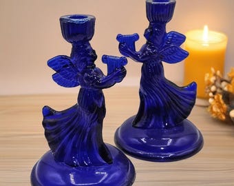 Vintage Cobalt Blue Glass Angel Candlestick Holders | Harp Figurines