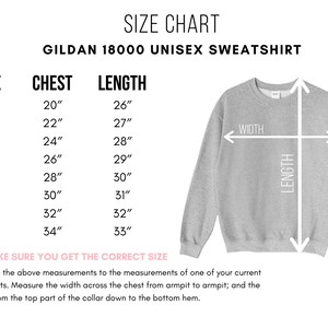 May include: Size chart for a Gildan 18000 unisex sweatshirt. The chart shows sizes from S to 5X with corresponding chest and length measurements in inches. A diagram shows how to measure chest width and length.