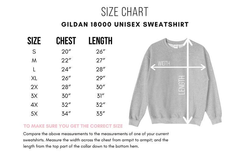 May include: Size chart for a Gildan 18000 unisex sweatshirt. The chart shows sizes from S to 5X with corresponding chest and length measurements in inches. A diagram shows how to measure chest width and length.