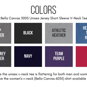 May include: Color chart for Bella Canvas 3005 Unisex Jersey Short Sleeve V-Neck Tee.  The colors include Deep Heather, Black, Athletic Heather, Heather True Royal, Dark Grey Heather, Navy, Team Purple, and Red.