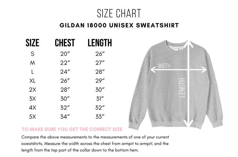 K&ouml;nnte beinhalten: Gr&ouml;&szlig;entabelle f&uuml;r ein Gildan 18000 Unisex-Sweatshirt. Die Tabelle zeigt Brust- und L&auml;ngenma&szlig;e in Zoll f&uuml;r die Gr&ouml;&szlig;en S, M, L, XL, 2X, 3X, 4X und 5X. Eine Illustration zeigt, wie man Brustweite und L&auml;nge misst.