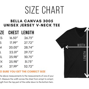 May include: Size chart for a Bella Canvas 3005 unisex jersey v-neck tee. The chart shows the chest and length measurements in inches for sizes XS to 3X.