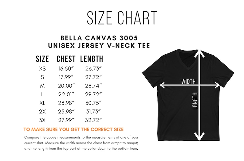 May include: Size chart for a Bella Canvas 3005 unisex jersey v-neck tee. The chart shows the chest and length measurements in inches for sizes XS to 3X.