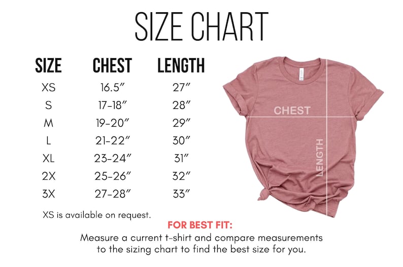 May include: A t-shirt size chart with chest and length measurements in inches. Sizes range from XS to 3X. A dusty rose t-shirt is shown with lines indicating chest and length measurements. Text at the bottom advises comparing measurements.