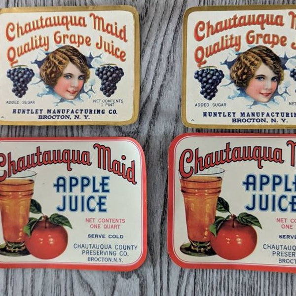 Chautauqua Maid labels, NOS, Grape Juice Label, Apple Juice Label