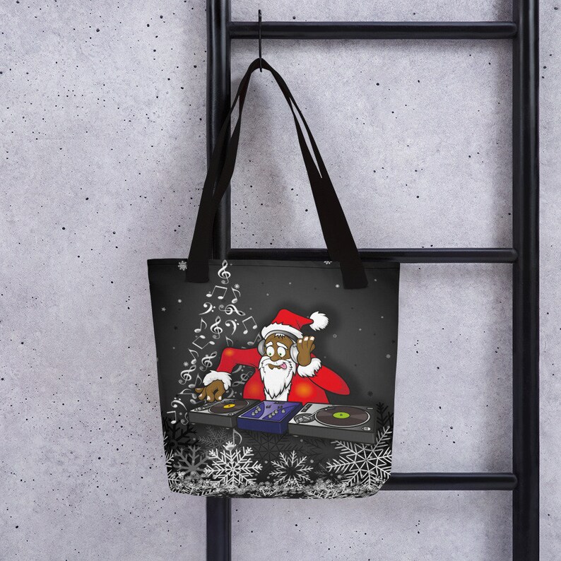 Xmas Christmas Santa Gift Music DJ Fabric Black Tote Bag 15x15