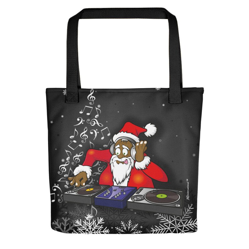 Xmas Christmas Santa Gift Music DJ Fabric Black Tote Bag 15x15